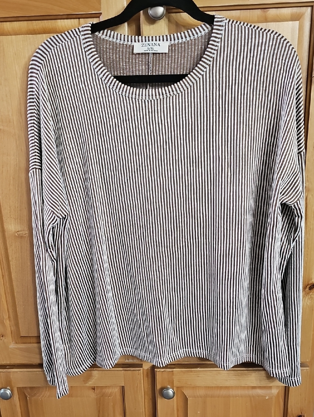ZENANA Ribbed, Striped Long Sleeve Top - Brown & White